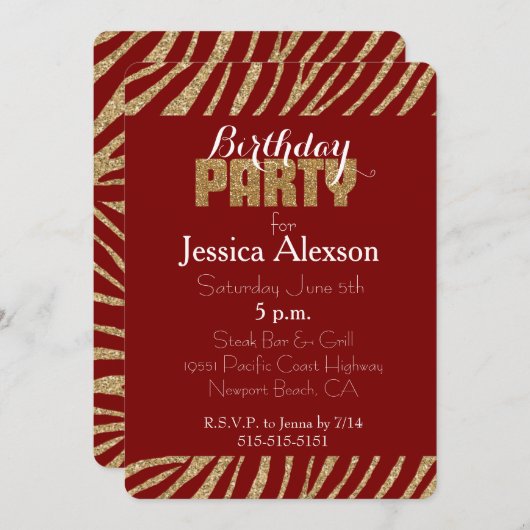 レッド金ゴールドゼブラプリントフェイクグリッター誕生日 招待状 (正面/裏面)
