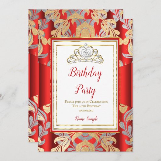 レッド金ゴールドダマスクグレーティアラバースデーパーティー 招待状 (正面/裏面)