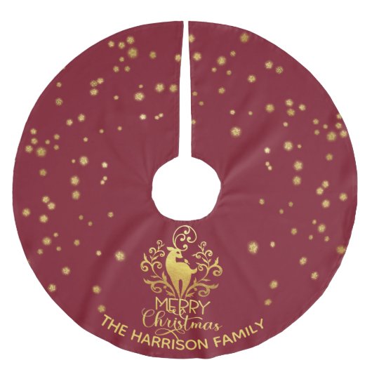 レッド金ゴールドディアメリークリスマス ブラッシュドポリエステルツリースカート (正面)