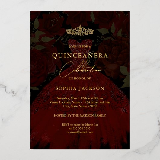 レッド金ゴールドドレスティアラキンセアニェラフォイル招待状 箔招待状 (正面)