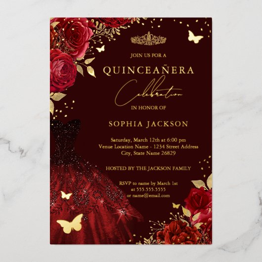 レッド金ゴールドドレスフローラバタフライキンセアニェラ 箔招待状 (正面)