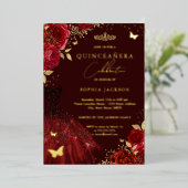 レッド金ゴールドドレスフローラバタフライキンセアニェラ 箔招待状 (立ち正面)