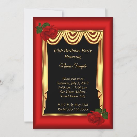 レッド金ゴールドドレープハイヒールバラバースデーパーティー 招待状 (裏面)