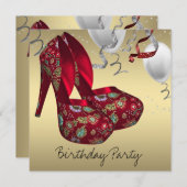 レッド金ゴールドハイヒールシューズ誕生日パーティー 招待状 (正面/裏面)