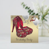 レッド金ゴールドハイヒールシューズ誕生日パーティー 招待状 (スタンド正面)