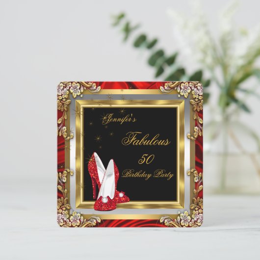 レッド金ゴールドハイヒールブラックファブラス誕生日パーティー 招待状 (スタンド正面)