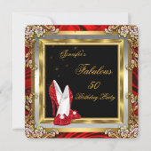 レッド金ゴールドハイヒールブラックファブラス誕生日パーティー 招待状 (正面)
