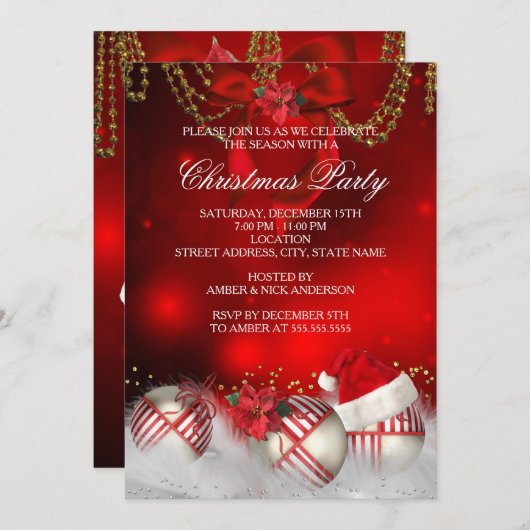 レッド金ゴールドバウズサンタハットクリスマスパーティー 招待状 (正面/裏面)