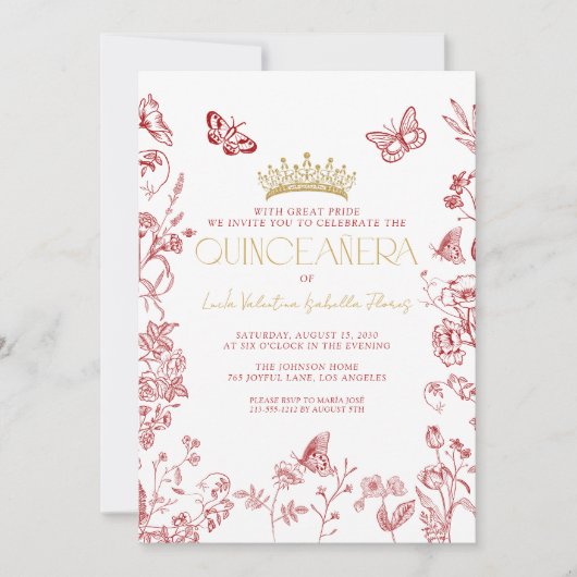 レッド金ゴールドバタフライキンセアニラカインスアニョス 招待状 (正面)