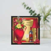 レッド金ゴールドバラデコールワインボトルグラスパーティー 招待状 (スタンド正面)