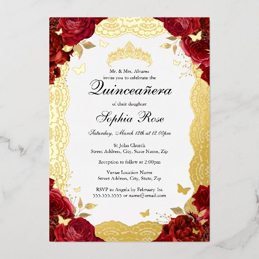 レッド金ゴールドバラレースバタフライキンセアニェラ誕生日 箔招待状 (正面)