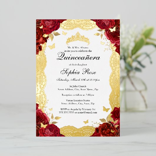 レッド金ゴールドバラレースバタフライキンセアニェラ誕生日 箔招待状 (立ち正面)
