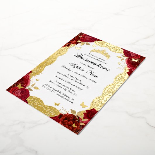レッド金ゴールドバラレースバタフライキンセアニェラ誕生日 箔招待状 (回転した状態)