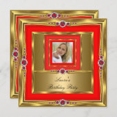 レッド金ゴールドパールフォトバースデーパーティー 招待状 (正面/裏面)