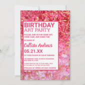 レッド金ゴールドピンク絵を描アクリルアートパーティー誕生日 招待状 (正面)