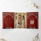レッド金ゴールドピーコックパターンフローラ結婚インディアン 三つ折り招待状 (内部)
