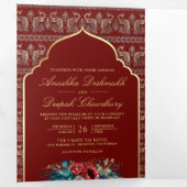 レッド金ゴールドピーコックパターンフローラ結婚インディアン 三つ折り招待状 (内部最初)
