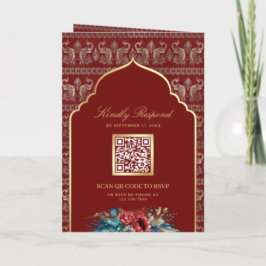 レッド金ゴールドピーコックパターンフローラ結婚インディアン 招待状 (裏面)