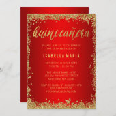 レッド金ゴールドフェイクグリッターキンセアニェラ15誕生日 招待状 (正面/裏面)
