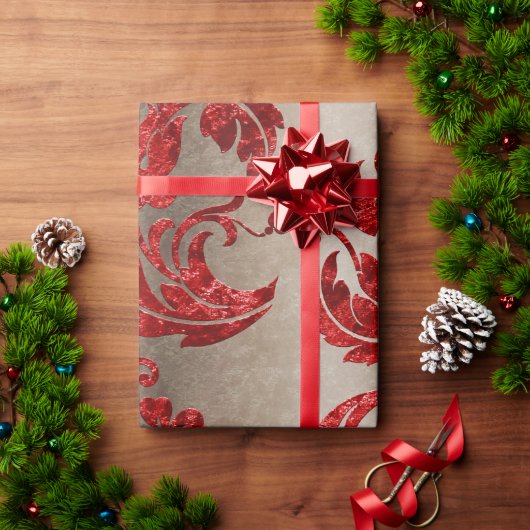 レッド金ゴールドフェイクベルベットダマエレガントスク ラッピングペーパー (クリスマスギフト)