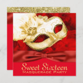 レッド金ゴールドフェザーマスカレードパーティー 招待状 (正面/裏面)