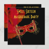 レッド金ゴールドフェザーマスクスウィート16マスカレードパーティー 招待状 (正面/裏面)