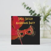 レッド金ゴールドフェザーマスクスウィート16マスカレードパーティー 招待状 (スタンド正面)