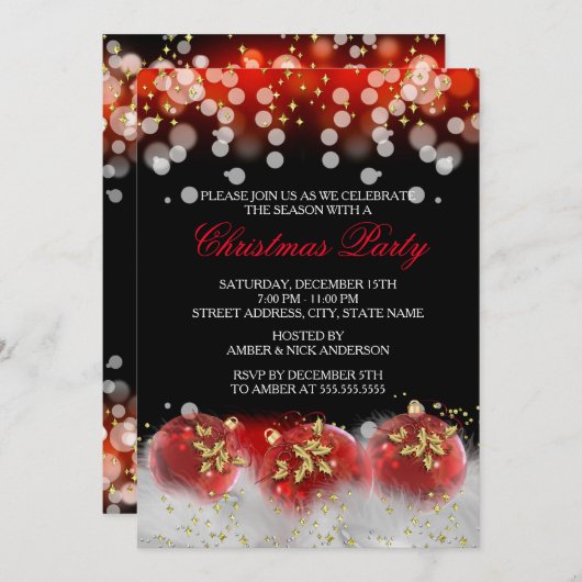 レッド金ゴールドフェスティバルボーブルクリスマスホリデーパーティー 招待状 (正面/裏面)
