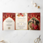 レッド金ゴールドフローラカーテンインディアンヒンドー結婚ズ 三つ折り招待状 (内部)
