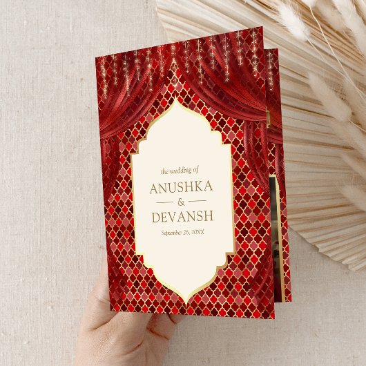 レッド金ゴールドフローラカーテンインディアンヒンドー結婚ズ 招待状