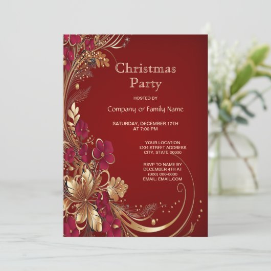 レッド金ゴールドフローラクリスマスパーティの招待状 招待状 (スタンド正面)