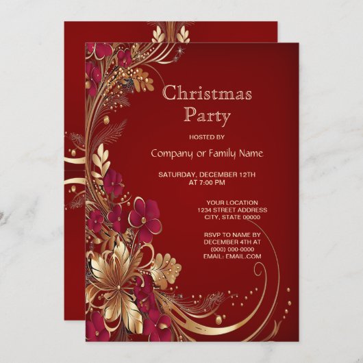 レッド金ゴールドフローラクリスマスパーティの招待状 招待状 (正面/裏面)