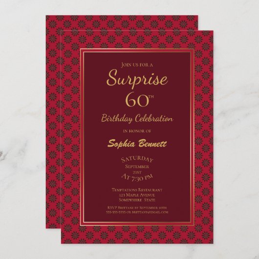 レッド金ゴールドフローラサプライズ60thバースデーパーティー 招待状 (正面/裏面)