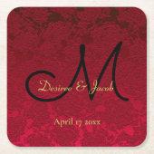 レッド金ゴールドブラッククリスマス冬の結婚式モノグラム スクエアペーパーコースター (正面)