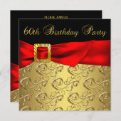 レッド金ゴールドブラックダマスク女性60thバースデーパーティー 招待状 (正面/裏面)