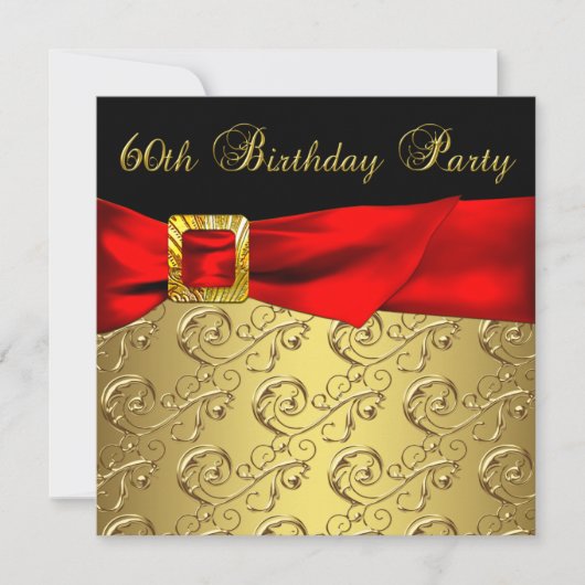 レッド金ゴールドブラックダマスク女性60thバースデーパーティー 招待状 (正面)
