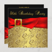 レッド金ゴールドブラックダマスク女性80thバースデーパーティー 招待状 (正面/裏面)