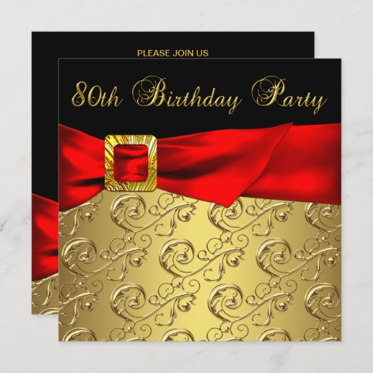 レッド金ゴールドブラックダマスク女性80thバースデーパーティー 招待状 (正面/裏面)