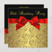 レッド金ゴールドブラックダマスク女性80thバースデーパーティー 招待状 (正面/裏面)