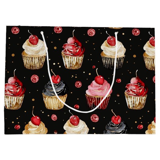 レッド金ゴールドブラックピンクカップケーキさくらんぼ誕生日 ラージペーパーバッグ (裏面)