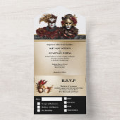 レッド金ゴールドブラック結婚マスカレードのカーニバルシック オールインワン招待状 (内側)