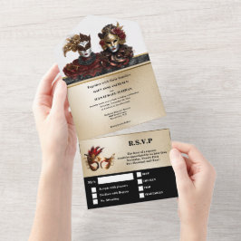 レッド金ゴールドブラック結婚マスカレードのカーニバルシック オールインワン招待状