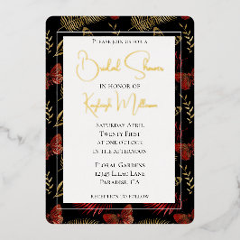 レッド金ゴールドブラック蝶離れブライダルシャワー 箔招待状