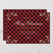 レッド金ゴールドプレイドクリスマスハッピーニューイヤーカード シーズンカード (正面/裏面)