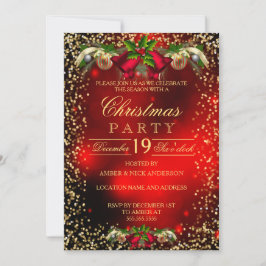 レッド金ゴールドベルズホリーフォトクリスマスホリデーパーティー 招待状