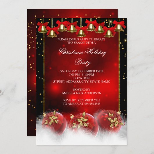 レッド金ゴールドベルズボーブルスクリスマスホリデーパーティー 招待状 (正面/裏面)