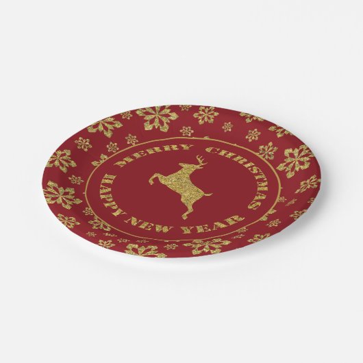 レッド金ゴールドホリデースノーフレークトインデア ペーパープレート (アングル)