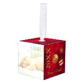 レッド金ゴールドホリデーブラブス写真テンプレート キューブオーナメント (正面アングル)