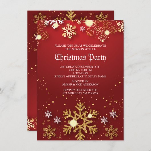 レッド金ゴールドホリーバウブルスクリスマスホリデーパーティー 招待状 (正面/裏面)