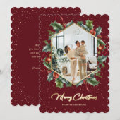 レッド金ゴールドホリーリース写真メリークリスマスカード シーズンカード (正面/裏面)